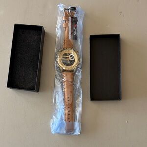 Aviator Style Brown Leather Strap Watch with Gold-tone Bezel